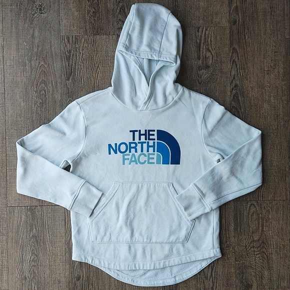 The North Face Girls Pullover Hoodie Ice Blue Big Spell Out Logo Size S 7/8 - Picture 1 of 15